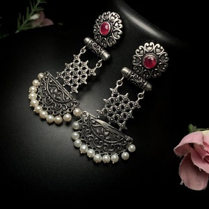 Indian Dangle Jhumka Set Available With Pink Simulated Gemstone German Silver Earrings Anniversary Gifts For Her image 2