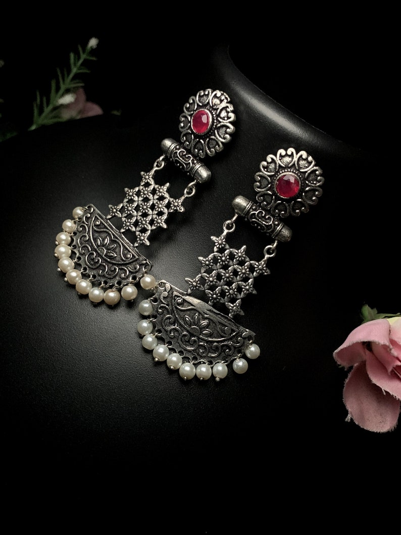 Indian Dangle Jhumka Set Available With Pink Simulated Gemstone German Silver Earrings Anniversary Gifts For Her image 2