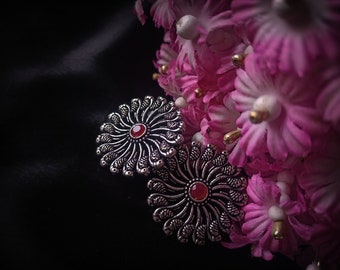Delicate Charm: Oxidized Brass Ear Tops with Pink Simulated Gemstones - A Touch of Floral Elegance for Girls & Women