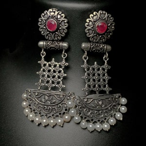 Indian Dangle Jhumka Set Available With Pink Simulated Gemstone German Silver Earrings Anniversary Gifts For Her image 4