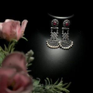 Indian Dangle Jhumka Set Available With Pink Simulated Gemstone German Silver Earrings Anniversary Gifts For Her image 6