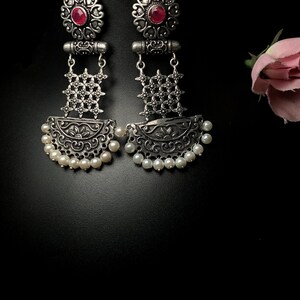 Indian Dangle Jhumka Set Available With Pink Simulated Gemstone German Silver Earrings Anniversary Gifts For Her image 3