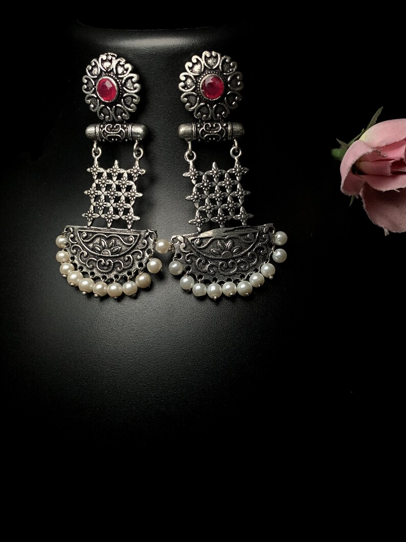 Indian Dangle Jhumka Set Available With Pink Simulated Gemstone German Silver Earrings Anniversary Gifts For Her image 3