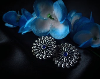 Flligree Oxidized Brass Ear Tops with Blue Simulated Gemstones Eid Gifts For Girls And Women| Bohemian Oxidized Ear tops