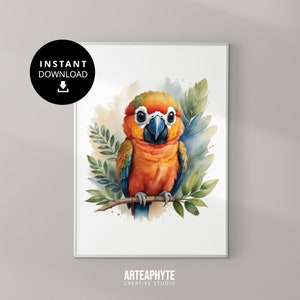 Baby Parrot Art, Safari Nursery Decor, Nursery Poster Baby Animal Prints, Jungle Art, Nursery Pictures, Boho Nursery, Baby Parrot Wall Art