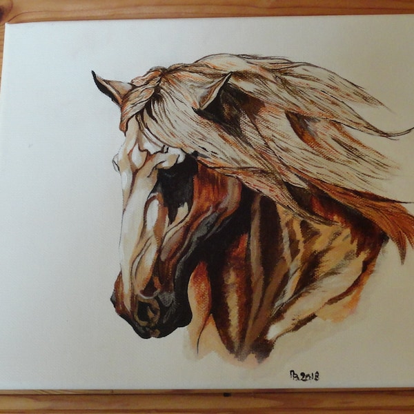 Profil cheval, tableau acrylique petite taille, format paysage, façon fusain, esquisse