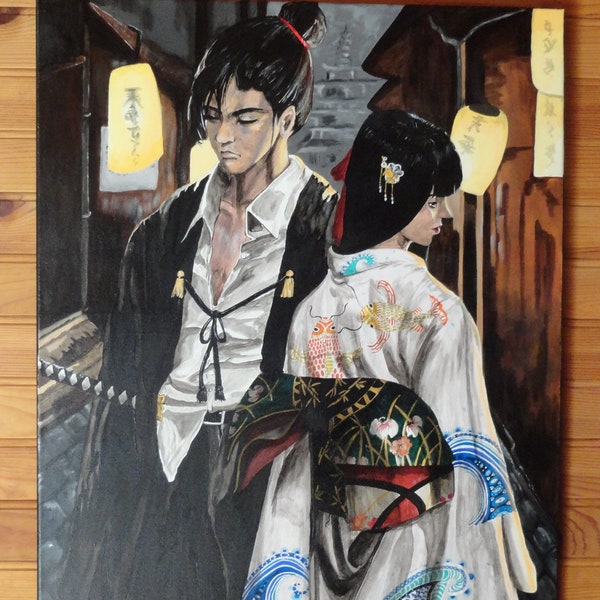 Instant frôlé. Peinture, couple, japonais, kimono, samouraï, acrylique, tableau grand format, manga, décoration murale salon, salle à manger