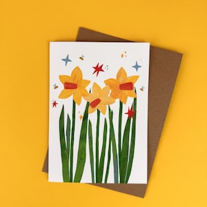 Biglietto d'auguri Happy Daffodils, regalo per la festa della mamma, biglietto d'auguri pasquale, fiori dall'Olanda, illustrazione botanica, biglietto d'auguri fatto a mano
