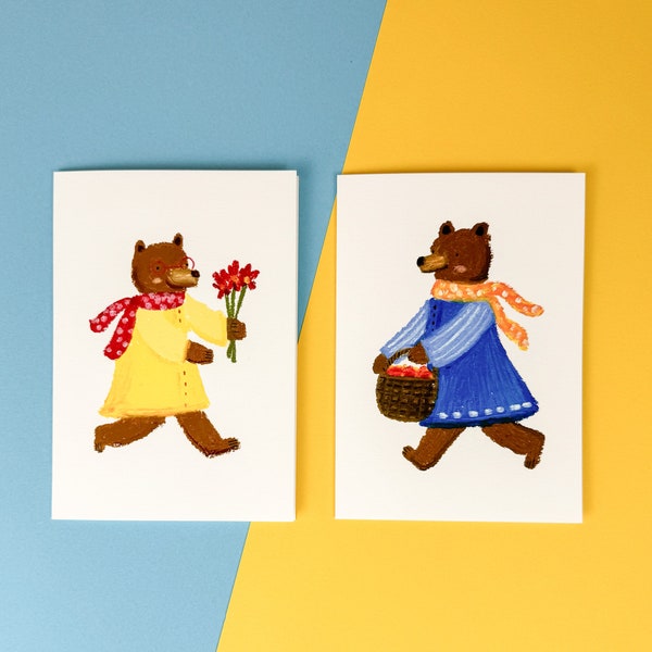 Cosy bears greeting card set | Love greeting card | best-friend postcards | Happy Birthday Card | spring picnic | Easter greeting card |