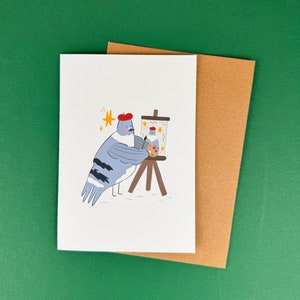 Wenskaart duivenkunstenaar, verjaardagskaart, schilder, grappige ansichtkaart, duivenkunst, grappige duiven, afstuderen kunstacademie