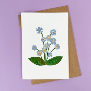 Vergeet-mij-nietje papier kunst wenskaart | botanische wenskaart | bloemenbriefkaart | moederdag | handgemaakte bloemillustratie | collagekunst