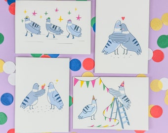 Conjunto de cartões de felicitações de pombos | cartão de felicitações de pássaros engraçados | cartão de aniversário | comemoração | arte de pombos | presente com tema de pássaros | cartão fofo |