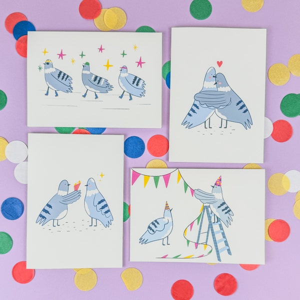 Conjunto de tarjetas de felicitación de palomas / tarjeta de felicitación de pájaros divertidos / tarjeta de cumpleaños / celebración / arte de palomas / regalo con temática de pájaros / linda tarjeta de notas /