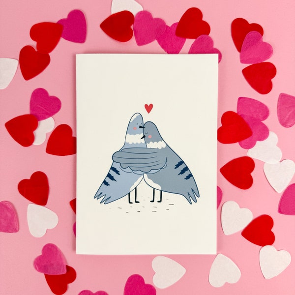 Une grande carte postale de câlin de pigeon | Carte de vœux d’amour | carte meilleur ami | carte postale drôle | art des pigeons | guérissez-vous bientôt | Saint Valentin |
