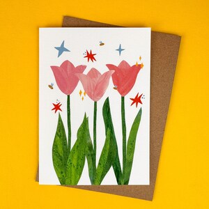 Carte de voeux Happy Tulips, cadeau de fête des mères, carte de voeux de Pâques, tulipes de Hollande, illustration botanique, carte de voeux faite main