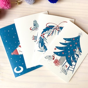Kerstkaarten set met duiven, wenskaart, winter, schattige illustratie, kerstkrans, kerstboom, duurzaam e milieuvriendelijk papier