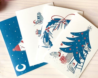 Kerstkaarten set met duiven, wenskaart, winter, grappige illustratie, kerstkrans, kerstboom, duurzaam en milieuvriendelijk papier