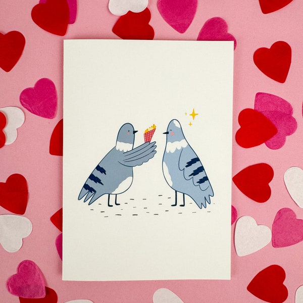 Fries instead of flowers postcard | Love greeting card | best-friend card | funny postcard | pigeon art | funny pigeons | Valentine's Day |