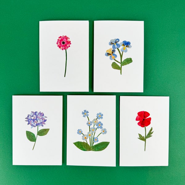 Paquete de postales de flores de arte en papel (5)/ arte collage / tarjeta de felicitación de flores ilustrada / tarjeta de cumpleaños / tarjeta de notas de arte floral / linda impresión de arte /