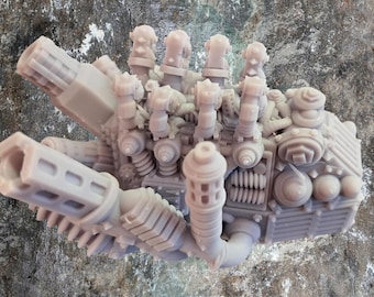 May include: A light gray, complex mechanical model with multiple tubes, cylinders, and detailed components. The model has a futuristic or industrial aesthetic, with a textured surface and intricate design. It appears to be a miniature engine or machine part.