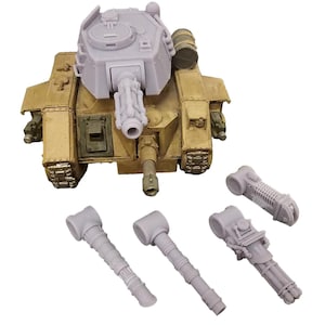 Puede incluir: Un conjunto de piezas de tanque de plástico impresas en 3D para una miniatura de juego de guerra. El conjunto incluye una torreta, un cañón principal y dos cañones más pequeños. Las piezas no están pintadas y están listas para ser ensambladas y pintadas.