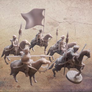 May include: A set of unpainted miniature figures of mounted soldiers. The figures are in various poses, some holding spears and one with a flag. The horses are detailed, and the figures appear to be part of a historical or fantasy game.