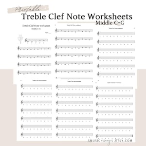 May include: Printable treble clef note worksheets for middle C-G. The worksheets are black and white and feature a treble clef and staff lines. The title "Treble Clef Note Worksheets" is at the top of the page, and the title "Middle C-G" is below it. The text "SMUSICarranger.ETSY.COM" is at the bottom of the page.