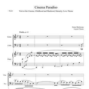 Peut inclure: Partition de musique pour la chanson "Cinema Paradiso" d'Ennio Morricone. La musique est écrite en clé de sol et en 4/4. La musique est pour un quatuor à cordes, avec des parties pour violon, violoncelle, alto et piano.
