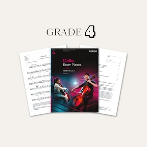 May include: A music book titled Cello Exam Pieces Grade 4 from ABRSM, featuring a black cover with a pink and blue gradient, displaying two people playing cellos. The book is surrounded by two white pages of sheet music with black musical notation.