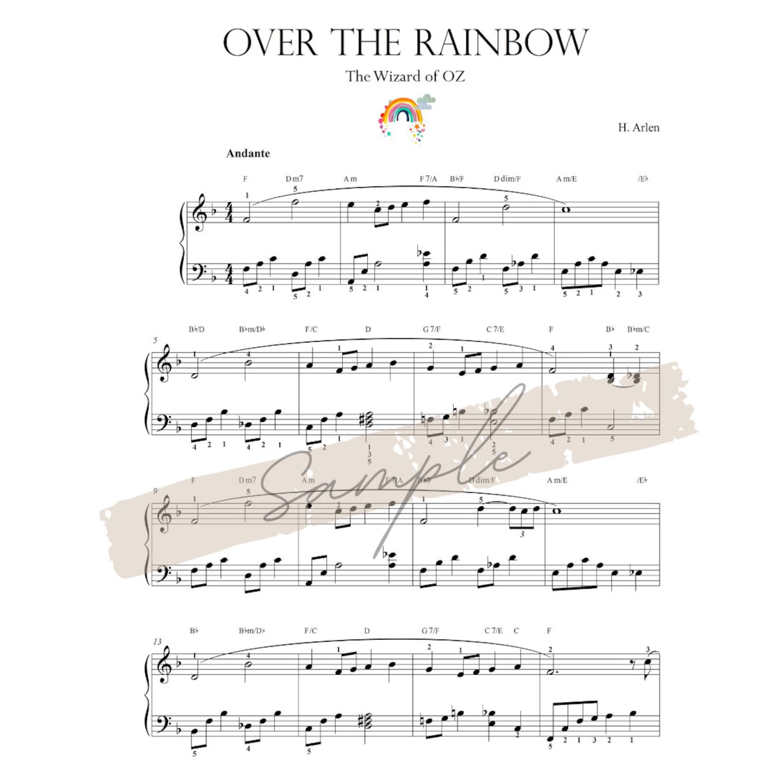 Somewhere Over the Rainbow Piano Sheet Music With Note Names (self