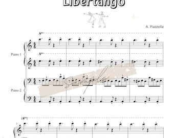 Può includere: Spart.to musicale per la canzone "Libertango" di A. Piazzolla, per 4 mani. La musica è scritta in notazione musicale standard con chiavi di violino e basso, e include note, pause e battute.