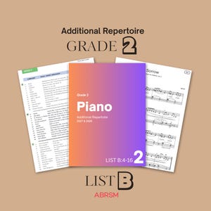 以下が含まれることがあります： オレンジから紫へのグラデーションの表紙を持つ「Grade 2 Piano Additional Repertoire 2027 & 2028」というタイトルの楽譜集。その両脇には、作曲家リスト、楽曲名、ピアノの楽譜が印刷された白いページが配置されています。