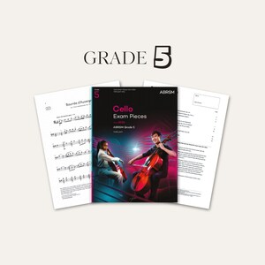 May include: A collection of ABRSM Grade 5 Cello Exam Pieces from 2024, featuring a central music book with a black cover, pink text, and an illustration of two cellists, flanked by two white pages of musical notation and exam information.