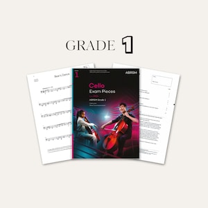 May include: A music book titled Cello Exam Pieces Grade 1 from 2024 by ABRSM, featuring a cover image of two cellists. The book is displayed with two open pages of sheet music, one showing Bear's Dance and the other showing exam information.