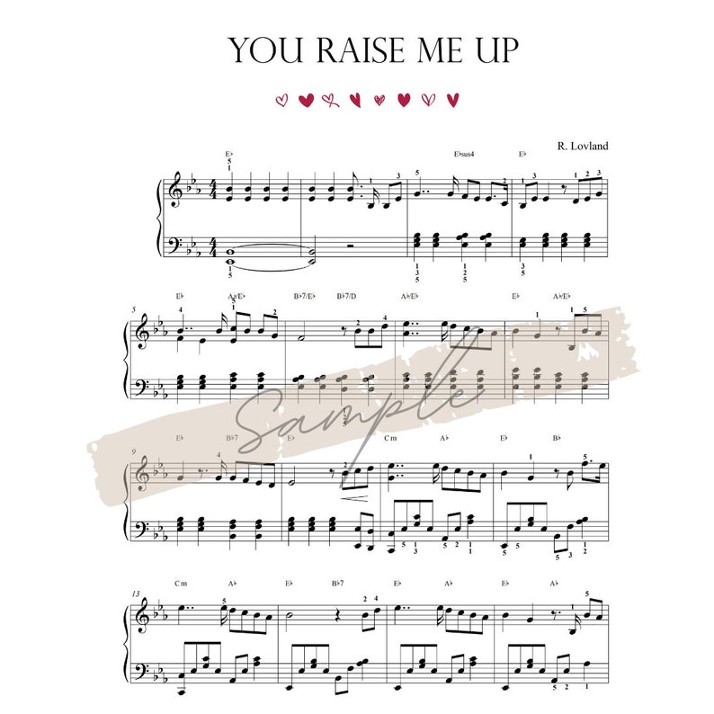 You Raise Me up Piano Sheet Music With Note Names self Learning Without Note Names original Ver