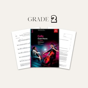May include: A collection of ABRSM Grade 2 Cello Exam Pieces from 2024, featuring a central music book with a cover showing two people playing cellos against a dark background with red and blue lighting, flanked by two white pages of sheet music.