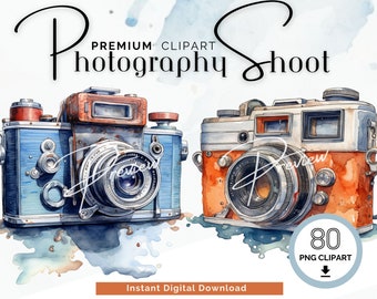 May include: Two vintage cameras, one blue and one orange, with watercolor splatters around them. The text "PREMIUM CLIPART Photography Shoot" is above the cameras.