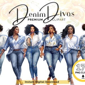 Denim Fashion Clipart- 170 Denim clipart PNGS, Black Girl Fashion, Black Women Clipart, African American PNG, Plus Size Clipart