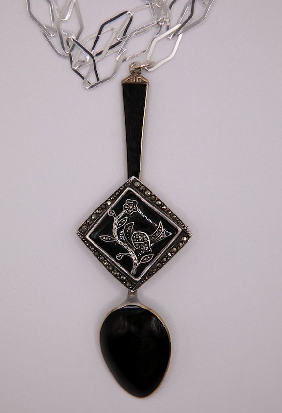Black Enamel Art Deco Silver Sterling Spoon ,Onyx… - image 1