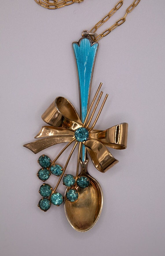 Gold Washed Sterling Silver Spoon Turquoise Sterling Silver Brooch With Gold Washed Sterling Silver Chain