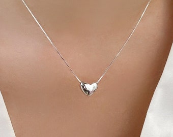 Collar de corazón de plata / collar de estilo corazón de cuentas de plata de ley 3D / cadena de caja minimalista simple collar diario regalo para ella