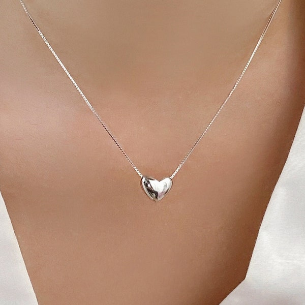 Silver Heart Necklace | 3D Sterling Silver Bead Heart Style Necklace | Box Chain Minimalist Simple Everyday Necklace Gift For Her