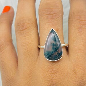 Moss Agate Sterling Silver Ring: Teardrop Gemstone Jewelry