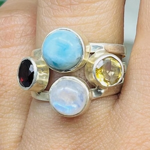 Multi Gemstone 925 Sterling Silver Ring Larimar, Citrine, Garnet, Moonstone Gemstone Ring, Handmade Jewelry Ring For Gift ,Ring For Her