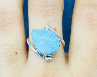 Handmade Larimar Ring, 925 Sterling Silver Bezel Setting, Natural Blue Gemstone Ocean Jewelry