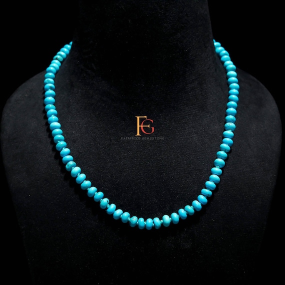AAA+ Natural Turquoise Gemstone Beaded Necklace, Hand Knotted Smooth Rondelle Beads Necklace, 925 Sterling Silver, 8 MM Bead Necklace