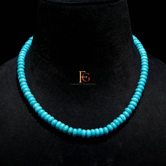 AAA+ Natural Turquoise Gemstone Beaded Necklace, Smooth Rondelle Turquoise Beads Necklace, 925 Sterling Silver Adjustable 8 MM Bead Necklace