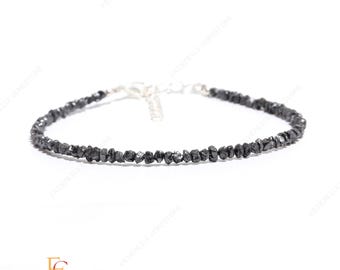 AAA+ Rare Natural Black Diamond Raw Gemstone Beaded Bracelet, 925 Sterling Silver, 2.5-3MM, Handmade