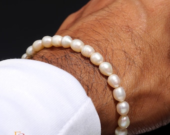 Bracciale di perle d'acqua dolce naturali, gioielli di perle naturali, chiusura in argento sterling, bracciale fatto a mano con pietre preziose, bracciale di perle per uomo e donna