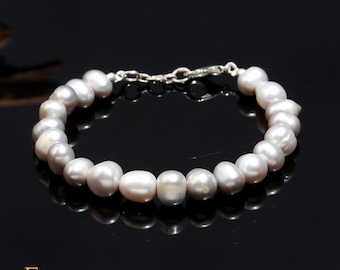 Bracciale di perle d'acqua dolce autentiche, gioielli di perle naturali, chiusura in argento sterling, bracciale fatto a mano con pietre preziose, bracciale di perle per uomo e donna